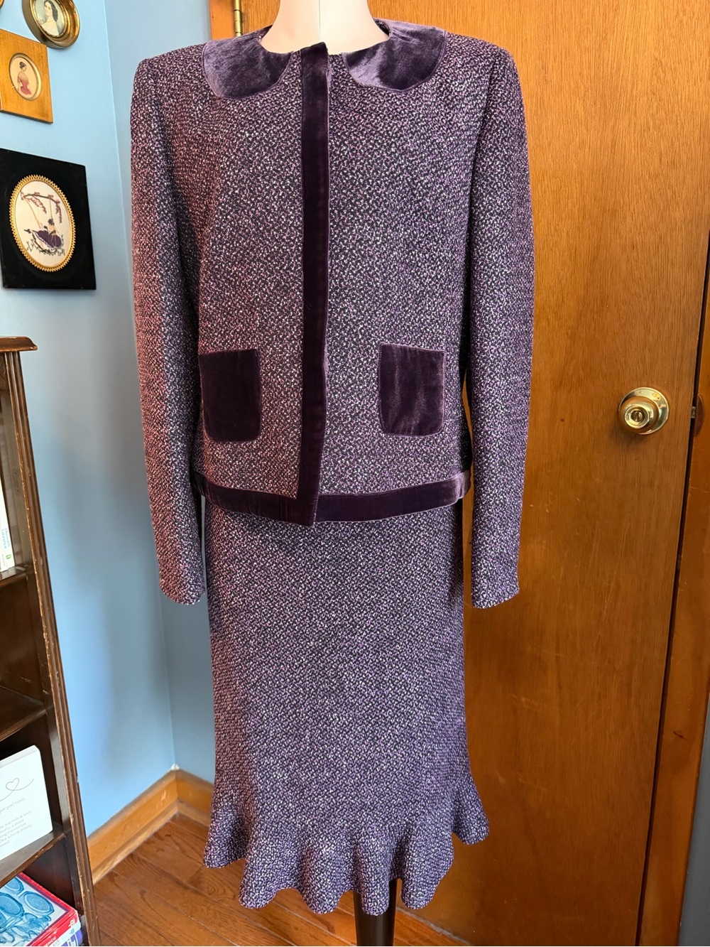 VTG Albert Nipon Classic Purple Tweed Women's Skirt Suit - Velvet Trim Sz 12